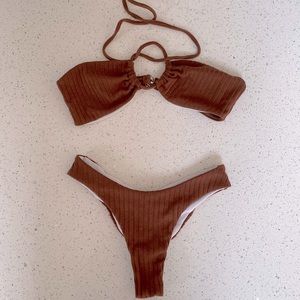 Brown Ribbed Scrunch Bum Bikini- Size Small